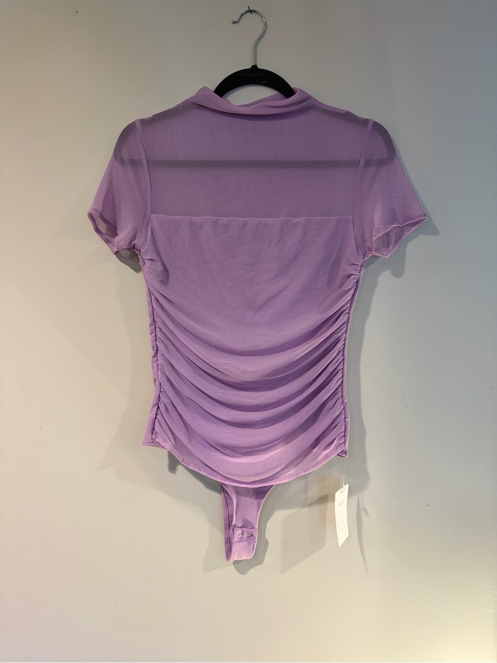 ReoRia Lavender Ruched Mesh Short Sleeve Bodysuit